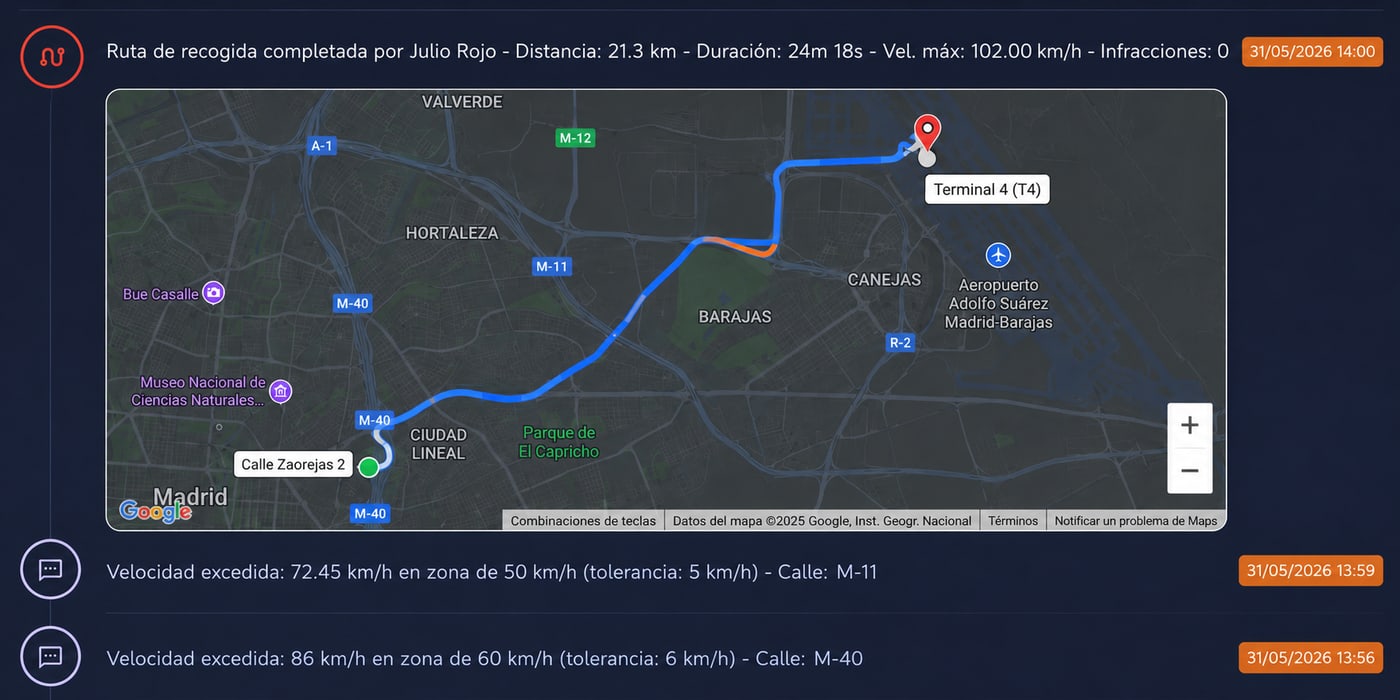 Centro de control · flota en vivo: ruta de recogida hasta Terminal 4 con velocidad e infracciones en tiempo real
