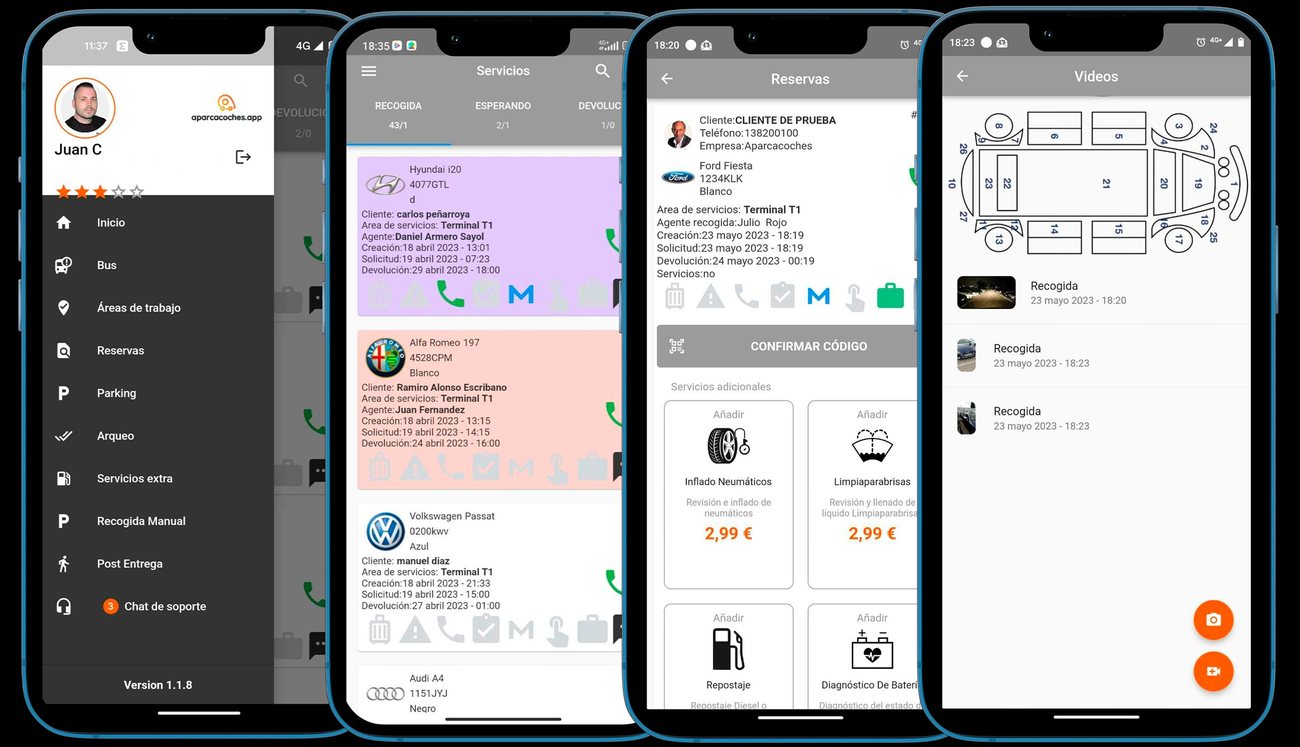 Pantallas de la app de drivers: servicios, reservas y esquema de daños del vehículo