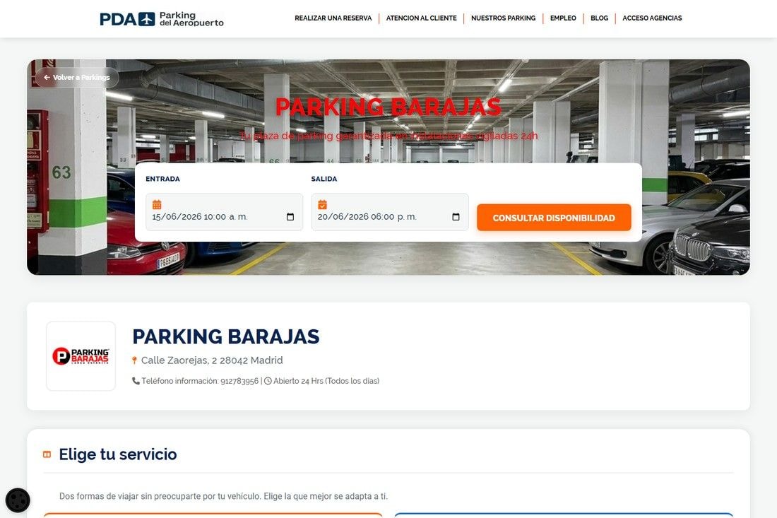 PDA — ficha de parking: servicios, precio y valoraciones del operador